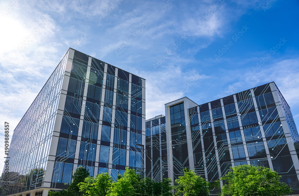 Fototapeta premium Modern Architecture Merging with Digital Circuitry Representing Smart City Innovation and Future Tech