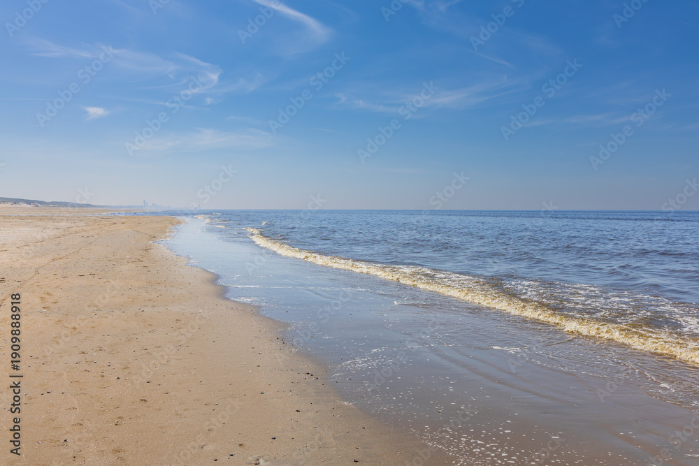 Obraz premium Wide panorama of Wassenaarseslag beach with city skyline in distance