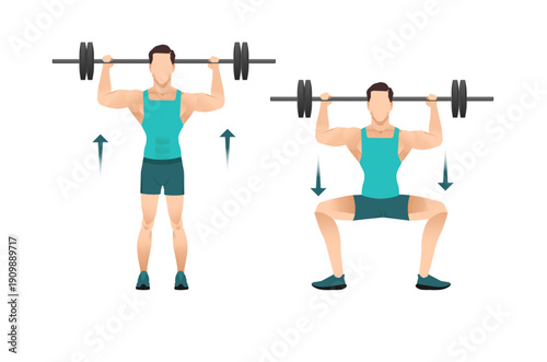 Barbell overhead squat exercise illustration showing start and squat positions, full body strength training isolated on white.