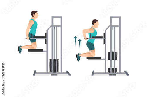 Man performing assisted dip exercise on machine, step by step fitness illustration isolated on white background.