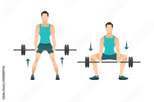Barbell overhead squat exercise illustration showing start and squat positions, full body strength training isolated on white.