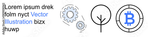 Cryptocurrency, blockchain, green energy, technology advancement, sustainability, financial systems. Blue Bitcoin symbol, cogwheels and tree icons. Cryptocurrency and blockchain