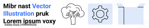 Tree icon symbolizing nature, gear depicting productivity, and box signifying storage or packaging. Ideal for sustainability, business, environment, industry, logistics, innovation simple landing