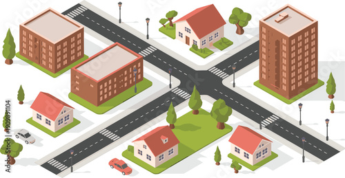 Isometric urban city block illustration with residential houses, apartment buildings, road intersection, suburban neighborhood planning infrastructure concept design