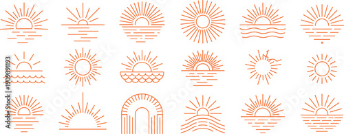 Minimalist sun icon collection with line art sunrise sunset rays boho logo symbols modern abstract celestial design set