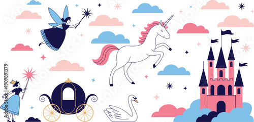 Whimsical fairytale illustration set with fairy unicorn castle carriage swan clouds magical fantasy children nursery storybook artwork collection