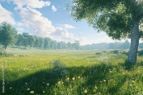 Sunny meadow with blooming flowers and green trees under a clear blue sky