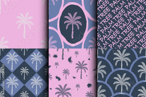 Palm tree, marine theme retro geometric seamless pattern, texture background set. Blue and pink trendy swimwear design, ornament print, wrapping paper, greeting card