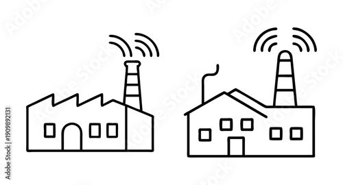 Factory industry icon vector illustration, industrial buildings with chimney and wifi signal