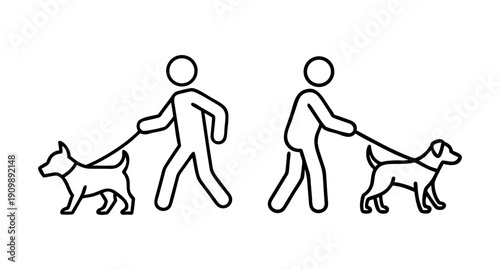 Dog walking vector icon illustration, pet walk graphic design, man and dog outline drawing