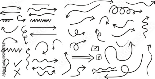 Collection of hand drawn arrows and swirling lines