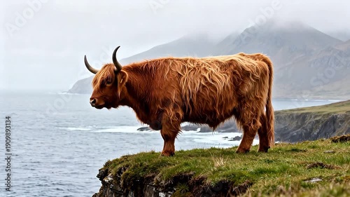 Highland cow on grassy cliff by sea