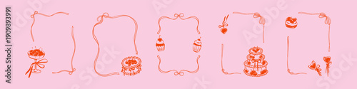Parisian bakery frame with cute pastries and ribbons. Whimsical brunch border featuring French desserts, cherry cake. Vintage sketch for wedding invitations, bachelorette party design, birthday cards