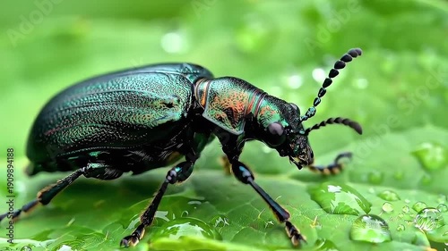Metallic Green Beetle Insect Crawling on Wet Leaf Surface