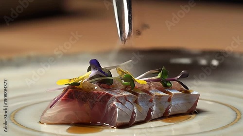 Gourmet Sashimi Plating Presentation With Fresh Raw Salmon