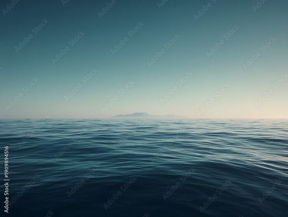 Fototapeta premium Vast calm ocean with a tiny distant island on a seamless horizon