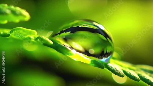 Macro Close Up of Morning Dew Water Drop on Fresh Green Leaf