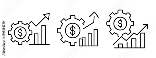 Growth chart and dollar gear for financial performance and business success strategy analysis and plan