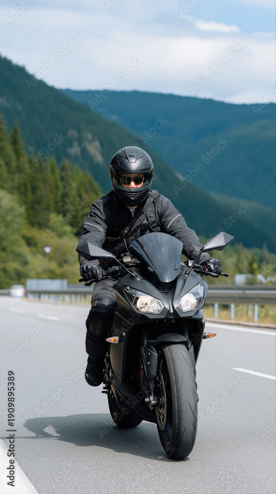 Obraz premium Male motorcyclist riding black sports bike on mountain road