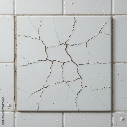 Minimalist composition: one damaged matte white wall tile with hairline cracks