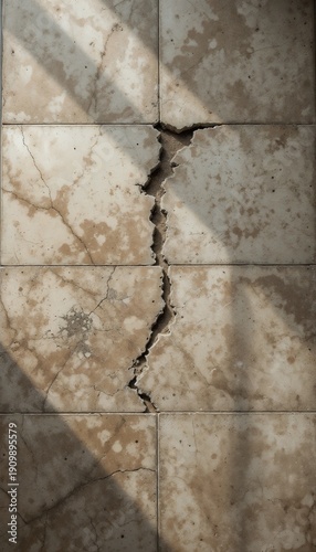 Overhead view of a broken floor tile in a hallway, jagged edge lifting slightly from the grout
