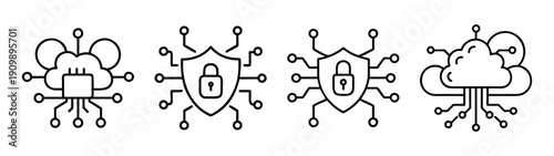 Cloud security network technology cybersecurity protection data encryption system icons vector illustration