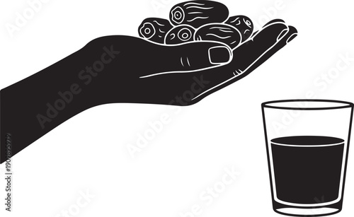 Close-up silhouette of a hand holding dates and a glass of water, symbolizing nourishment, refreshment, and healthy choices, perhaps for fasting or hydration.