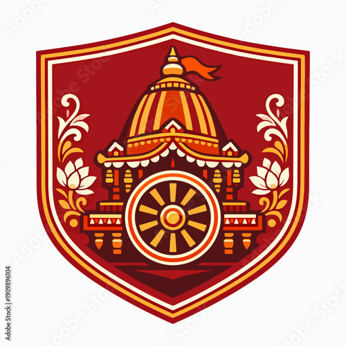 Vibrant Rath Yatra festival illustration featuring sacred chariot inside ornate shield, symbolizing devotion, tradition, spirituality, and divine procession of cultural celebration and unity