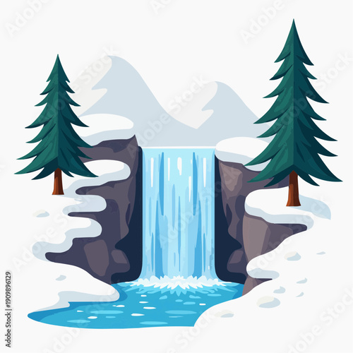 Mountain waterfall surrounded by evergreen trees in winter scene  