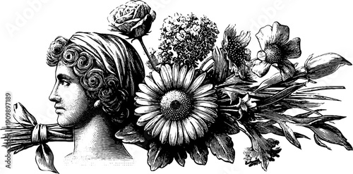 Vintage botanical flower bouquet with ribbon and classical head sketch for retro design