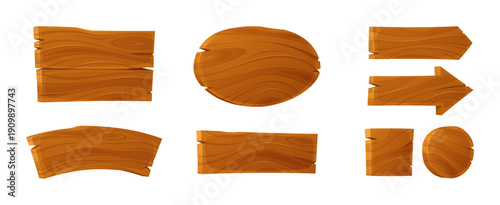 Rustic wooden signboard set with vintage plank frames and cartoon arrow pointers. Vector game board collection of farm sign panels, 3d banners, old west saloon designs and blank label templates.