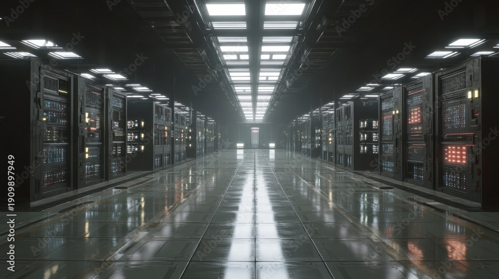 Obraz premium Futuristic data center hallway with high-tech servers and illuminated pathway