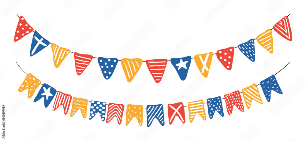 Obraz premium Swallowtail, triangular flags, bunting with different patterns illustration isolated, collection on white. Hand drawn flat vector. Kids nautical print, design element, clip art set, horizontal border