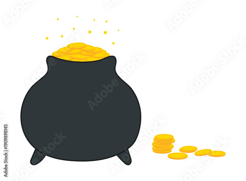 Pot of leprechaun gold, golden coins illustration isolated. Saint Patrick Day holiday design element, clip art on transparent background. Hand drawn flat vector illustration. Irish folklore, mythology