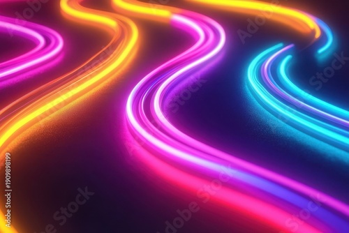 Colorful neon light trails create an energetic atmosphere in a dark setting