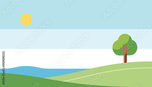 Flat Landscape Vector Illustration with Sun, Tree, Hills and Lake Background.