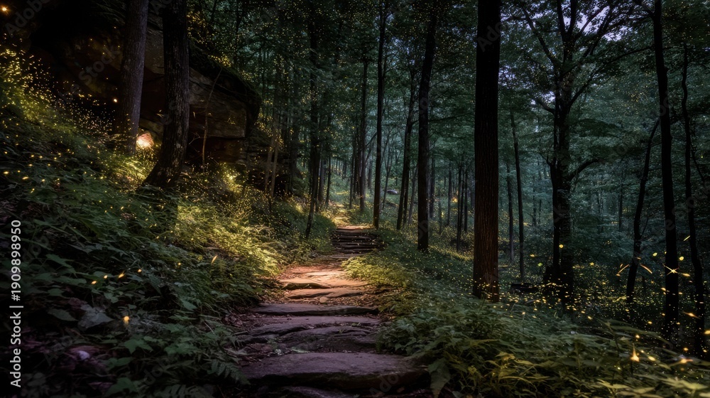 Obraz premium Enchanting forest path illuminated by fireflies at dusk in lush woodland