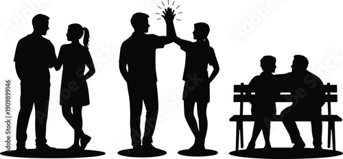People silhouette scene showing friendship, teamwork, high five celebration, and couple conversation, modern black vector illustration for social interaction and lifestyle design projects
