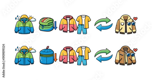 Clothing change flat icon set. outfit transformation, seasonal change icons flat pack
