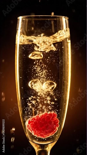 Sparkling beverage with raspberry floating in glass on dark background  
