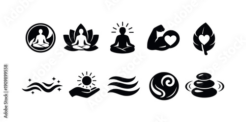 Yoga and meditation silhouette icon set. mindfulness, relaxation symbols collection