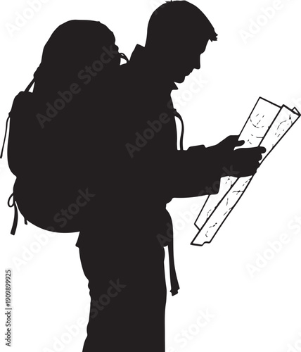 Silhouette of a hiker with a backpack looking at a map in a mountainous landscape, indicating navigation and adventure.