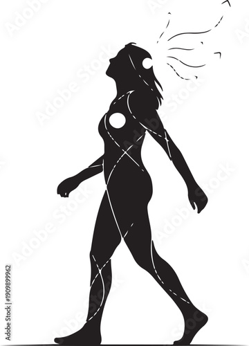 Silhouette of a woman walking with abstract lines and circles emanating from her, suggesting movement, thought, or energy.