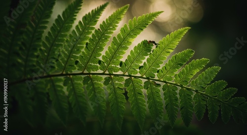 Close up of vibrant green fern frond illuminated by natural light