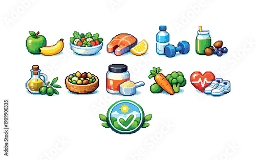 Healthy lifestyle pixel icon set. nutrition and exercise icons collection, flat style