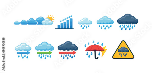 Weather forecast flat icon set. clouds, rain, sun, and storm flat icons collection
