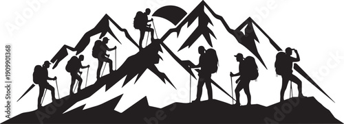 Silhouettes of hikers ascending a rocky mountain range under a setting sun, symbolizing perseverance and achievement.