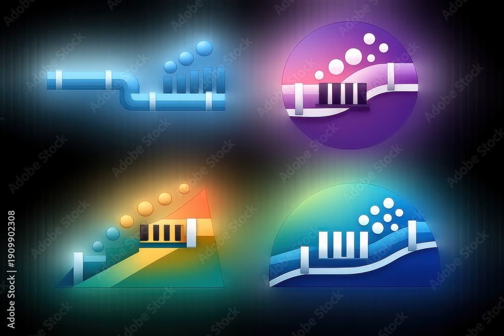 Fototapeta premium Abstract graphical representations of toothbrush designs emphasizing dental hygiene concepts captured in vibrant multicolored gradients and geometric patterns showcasing oral care innovation