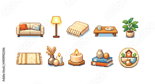 Cozy home decor icon set. comfortable, relaxing pixel art icons for interior design