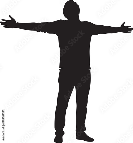 Silhouette of a man with arms outstretched in a welcoming or triumphant pose, expressing freedom and joy